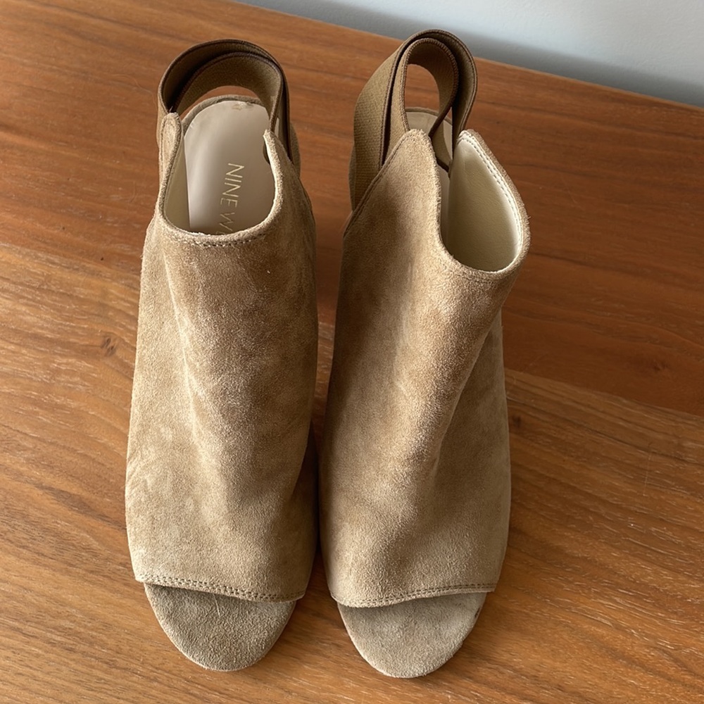 Camel Peep Toe Block Heel real leather sling back ankle booties